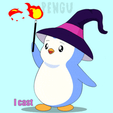 a penguin wearing a witch hat is holding a fireball and says i cast fireball