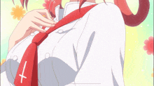 a girl with red hair and a red tie