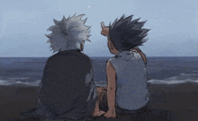 a drawing of two anime characters sitting on the beach
