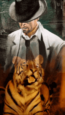 a man in a hat and tie stands next to a tiger in a painting