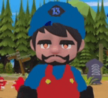 a cartoon character wearing a blue hat and red overalls with the number 13 on it .