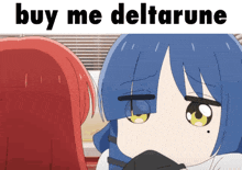 a picture of a girl with blue hair and the words buy me deltarune