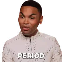 a man is wearing a white jacket with the word period written on it