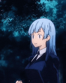 a girl with blue hair is wearing a suit and tie