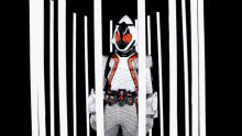 a black and white striped background with a red eye