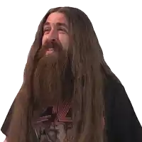 a man with long hair and a beard is looking up with his mouth open
