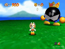 a video game screen shows a cartoon character and a giant ball with a crown