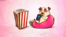 a pug dog is sitting on a bean bag chair eating popcorn and drinking a cup of coffee .