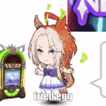 a cartoon of a girl with a horse 's head standing next to a jukebox .