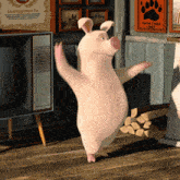 a cartoon pig is dancing in front of a sign that says папа года