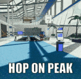 a picture of an airport with the words hop on peak above it