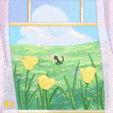 a drawing of a cat in a field of yellow flowers with the letter g below it