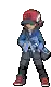 a pixel art of a boy in a blue jacket and red hat standing on a white background .