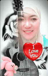 a picture of a woman with a guitar and a red heart that says i love you