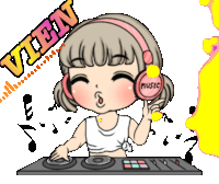 a cartoon of a girl wearing headphones with the word music on it