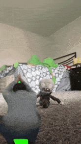 a person is playing with a stuffed plants vs zombies toy