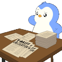 a penguin is sitting at a table with a stack of papers that say tariff calculation