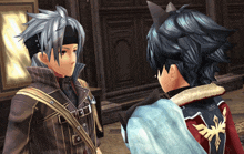 two anime characters are standing next to each other and one of them has a shield on his back