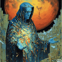 a painting of a man in a hooded robe with the word pixiz on the bottom