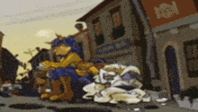 a cartoon of a man sitting on a sidewalk next to a dog