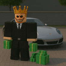 a toy with a crown on his head is holding stacks of money in front of a car