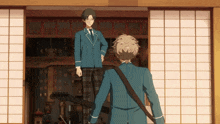 two anime characters are standing in front of a window