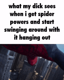 what my dick sees when i get spider powers and start swinging around with it hanging out spider man