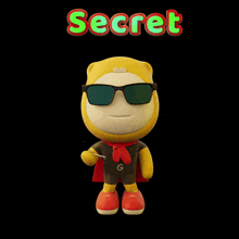 a cartoon character is wearing sunglasses and a cape and the word secret is above him