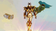 a man in a black and gold armor is standing in front of a green and blue cartoon character