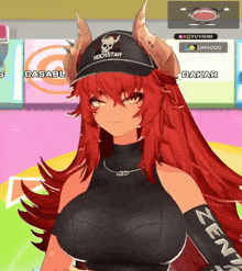 a girl with red hair is wearing a rockstar hat with horns