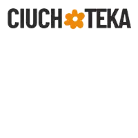 a black and orange logo for ciuch teka with an orange flower