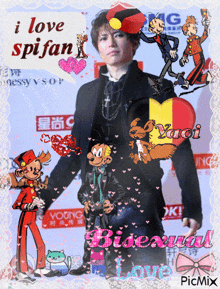 a picture of a man surrounded by cartoon characters and the words i love spifan bisexual love