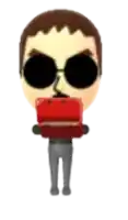 a cartoon character wearing sunglasses and holding a red item