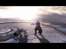 a man in a red cape is standing next to a wolf in a video game scene