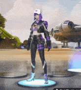 a woman with purple hair is standing in front of a plane