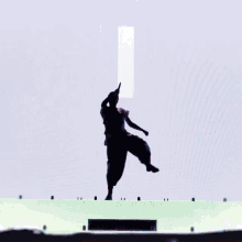 a silhouette of a person dancing on a stage in front of a purple and white background