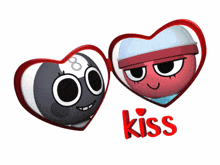 a couple of hearts with one that says kiss