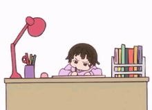 a cartoon of a girl sitting at a desk with a lamp and a bookshelf .