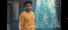 a man in a yellow shirt is standing in front of a waterfall on a screen that says starplus hd