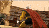 a cartoon of thor fighting hulk in a arena