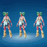 three different versions of a girl with green pigtails