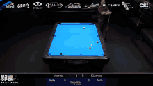 a pool table with a blue cloth and the word diamond on it
