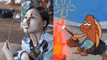 a woman is holding a stick in her mouth next to a picture of a cartoon character