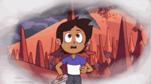 a cartoon of a girl with big eyes standing in front of a cliff