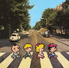 a pixel art of peanuts characters walking across a crosswalk