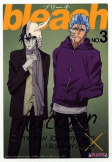 a poster for bleach shows a man in a suit and a man in a purple jacket standing next to each other