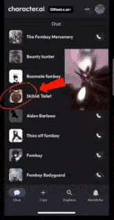 a screenshot of the character.ai app with a red arrow pointing to skididi toilet