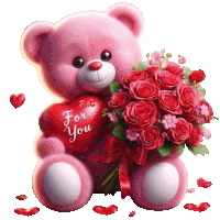 a pink teddy bear is holding a red heart that says " for you "