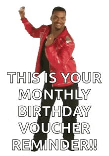 a man in a red leather jacket is dancing and says `` this is your monthly birthday voucher reminder ! ''