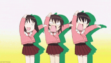 three anime girls are doing a dab with their arms